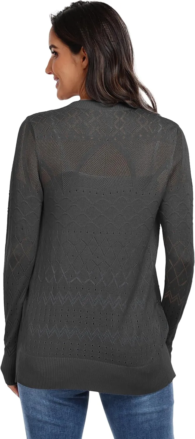 GRECERELLE Womens Summer Crochet Cardigans Long Sleeve Lightweight Casual Knit Sweaters