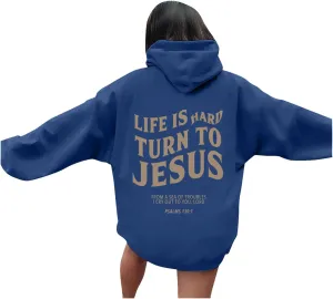 Hoodies For Teen Girls Life Is Hard Turn To Jesus Letter Print Long Sleeve Pullover Tops With Kangaroo Pocket Fall Trendy