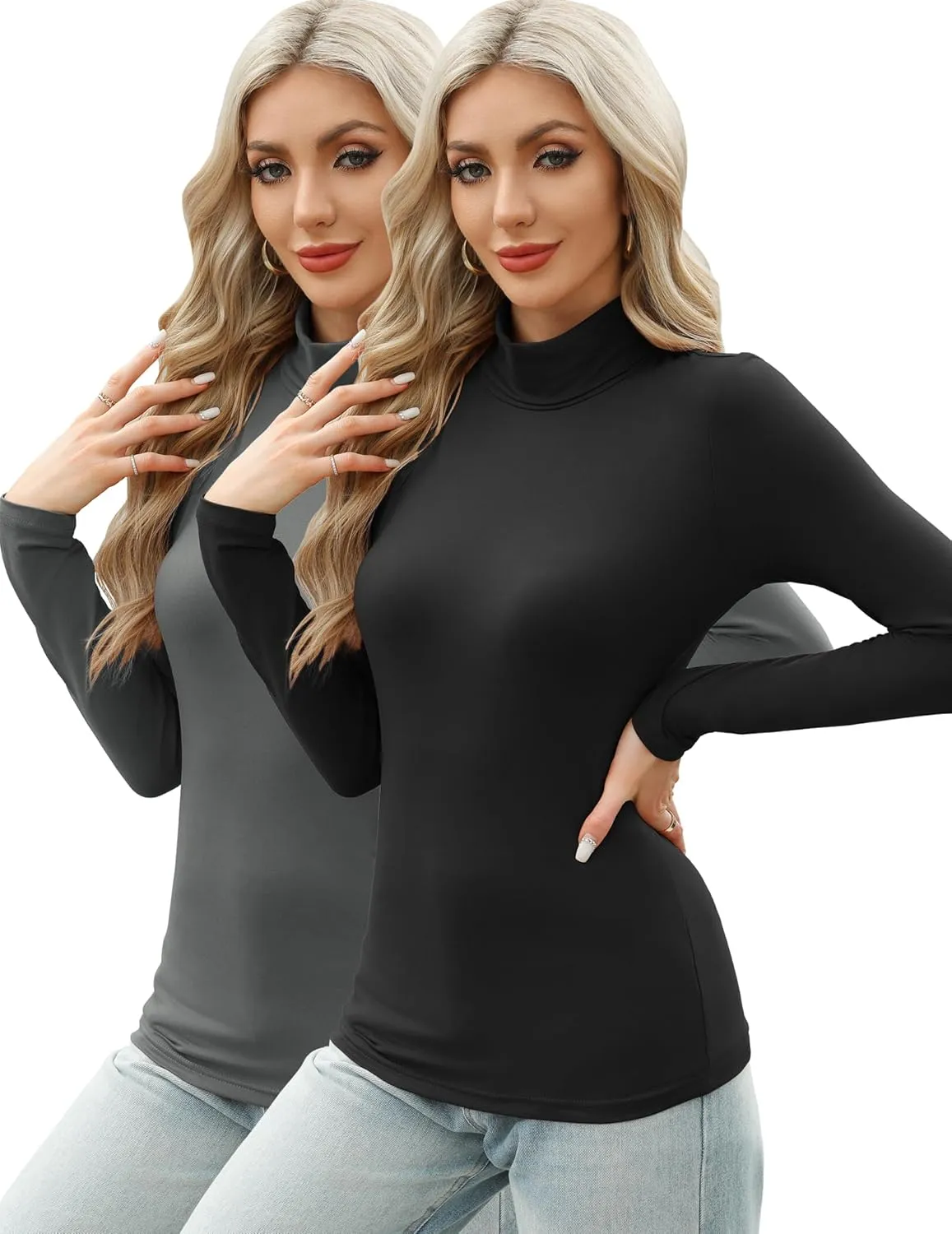 HOTOUCH Women's Turtleneck Long Sleeve Shirts Casual Basic T Shirts Lightweight Base Layer Solid Slim Fit Tops