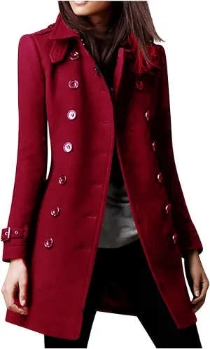 Hvyesh Women's Long Wool Blend Pea Coat Winter Casual Overcoat Notched Lapel Collar Trench Coat Belted Long Jacket Outerwear
