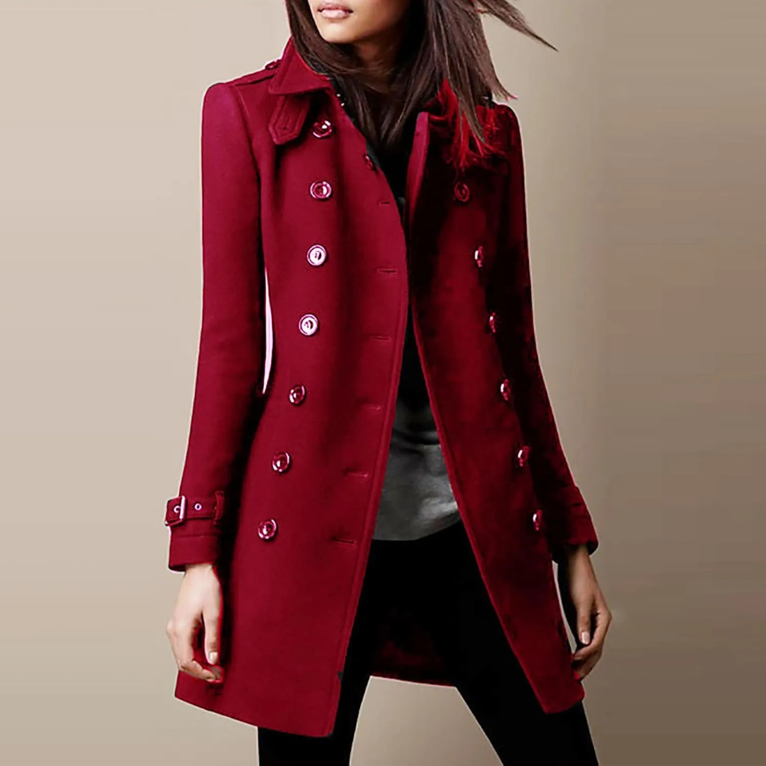 Hvyesh Women's Long Wool Blend Pea Coat Winter Casual Overcoat Notched Lapel Collar Trench Coat Belted Long Jacket Outerwear