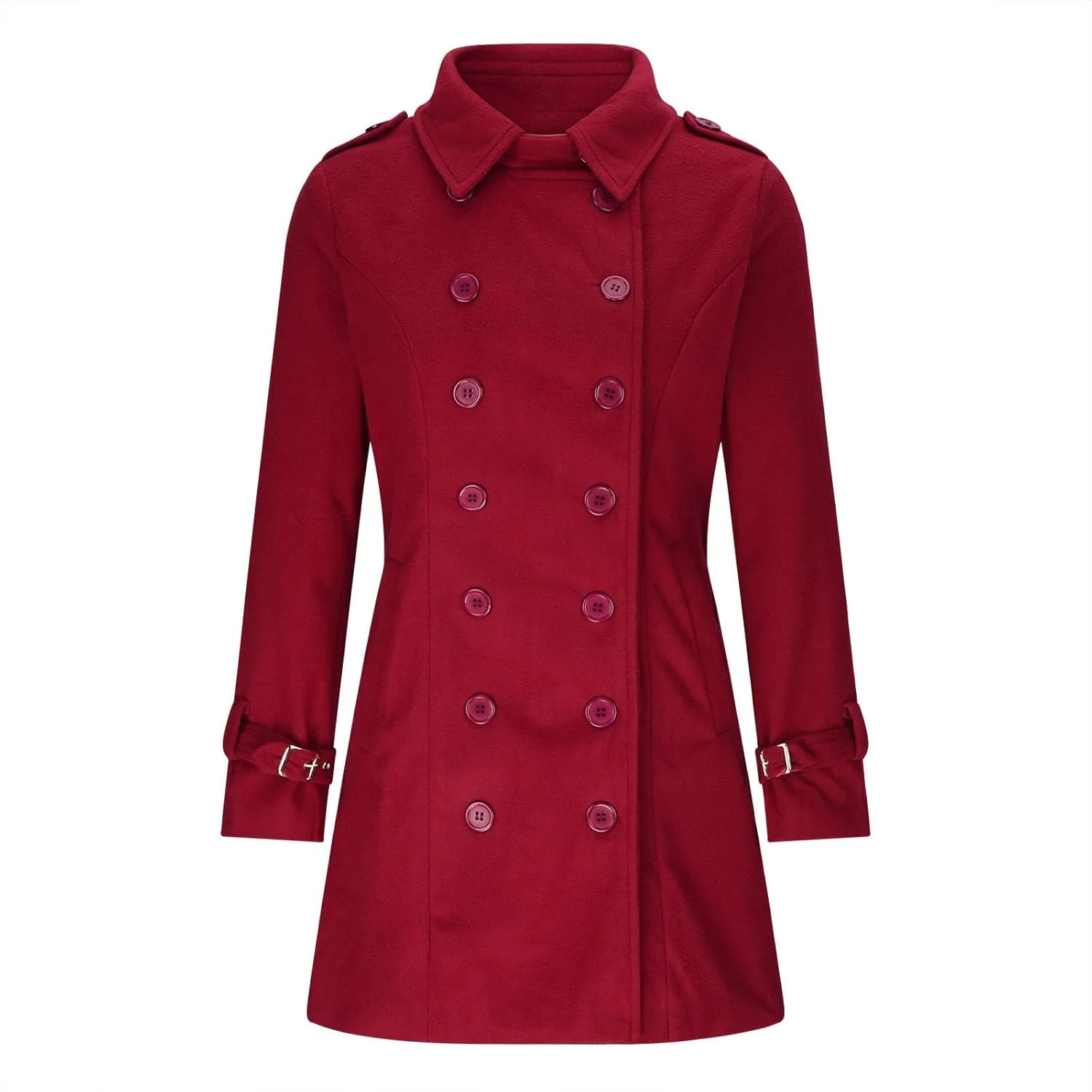 Hvyesh Women's Long Wool Blend Pea Coat Winter Casual Overcoat Notched Lapel Collar Trench Coat Belted Long Jacket Outerwear