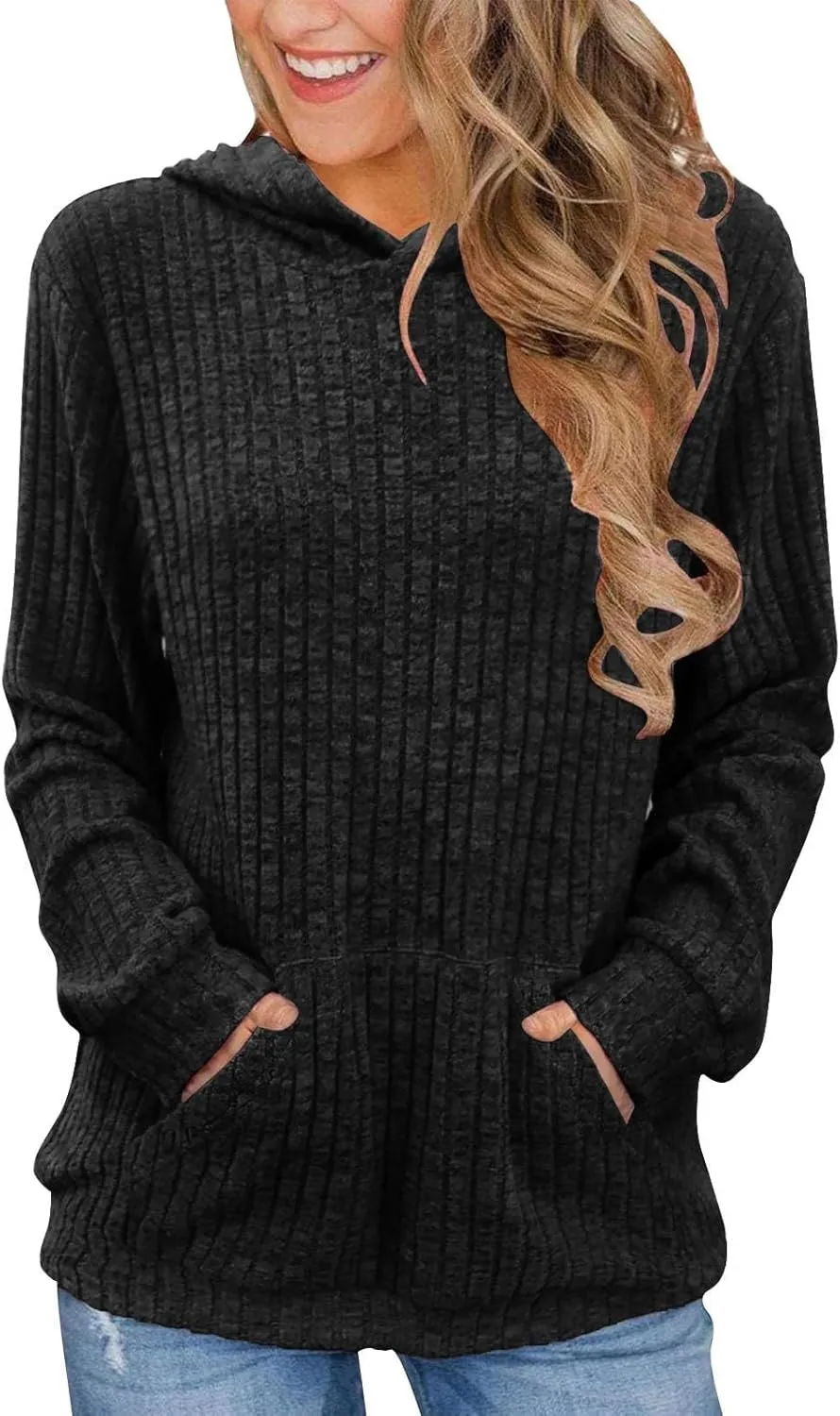 HXHYQKP Hooded Sweater Women Long Sleeve Shirts Casual Pullover Sweatshirts Knitted Sweaters Loose Tunic Tops with Pockets