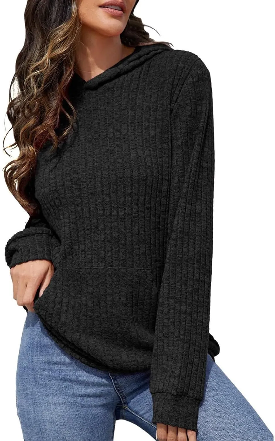 HXHYQKP Hooded Sweater Women Long Sleeve Shirts Casual Pullover Sweatshirts Knitted Sweaters Loose Tunic Tops with Pockets