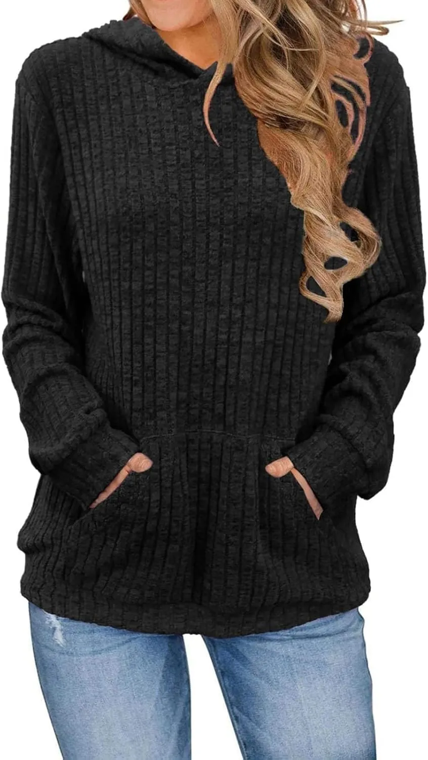 HXHYQKP Hooded Sweater Women Long Sleeve Shirts Casual Pullover Sweatshirts Knitted Sweaters Loose Tunic Tops with Pockets