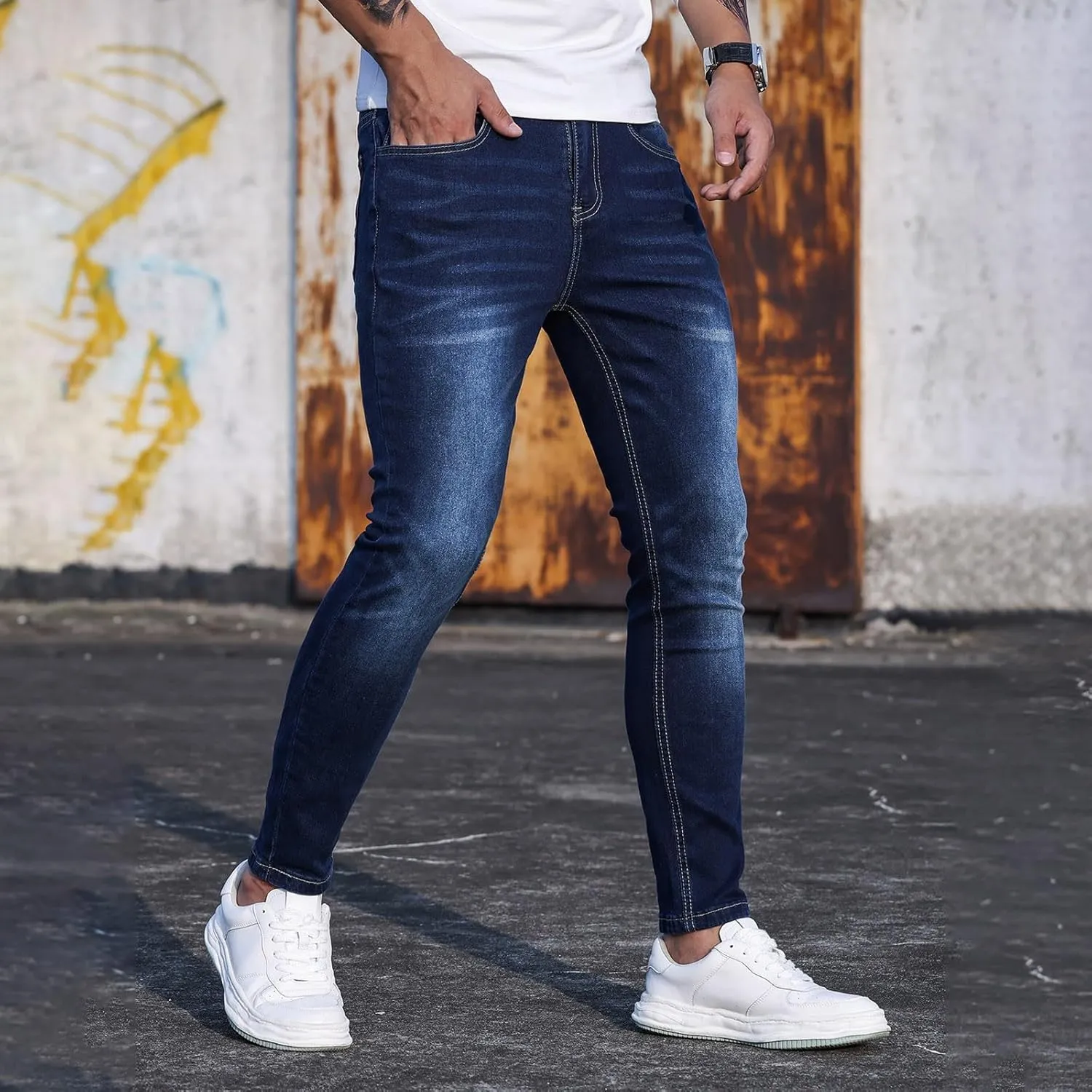 Jeans for Men Stretch Fit Classic Vintage Straight Skinny Leg Denim Pants Slim Jeans Trousers Mulit Pockets