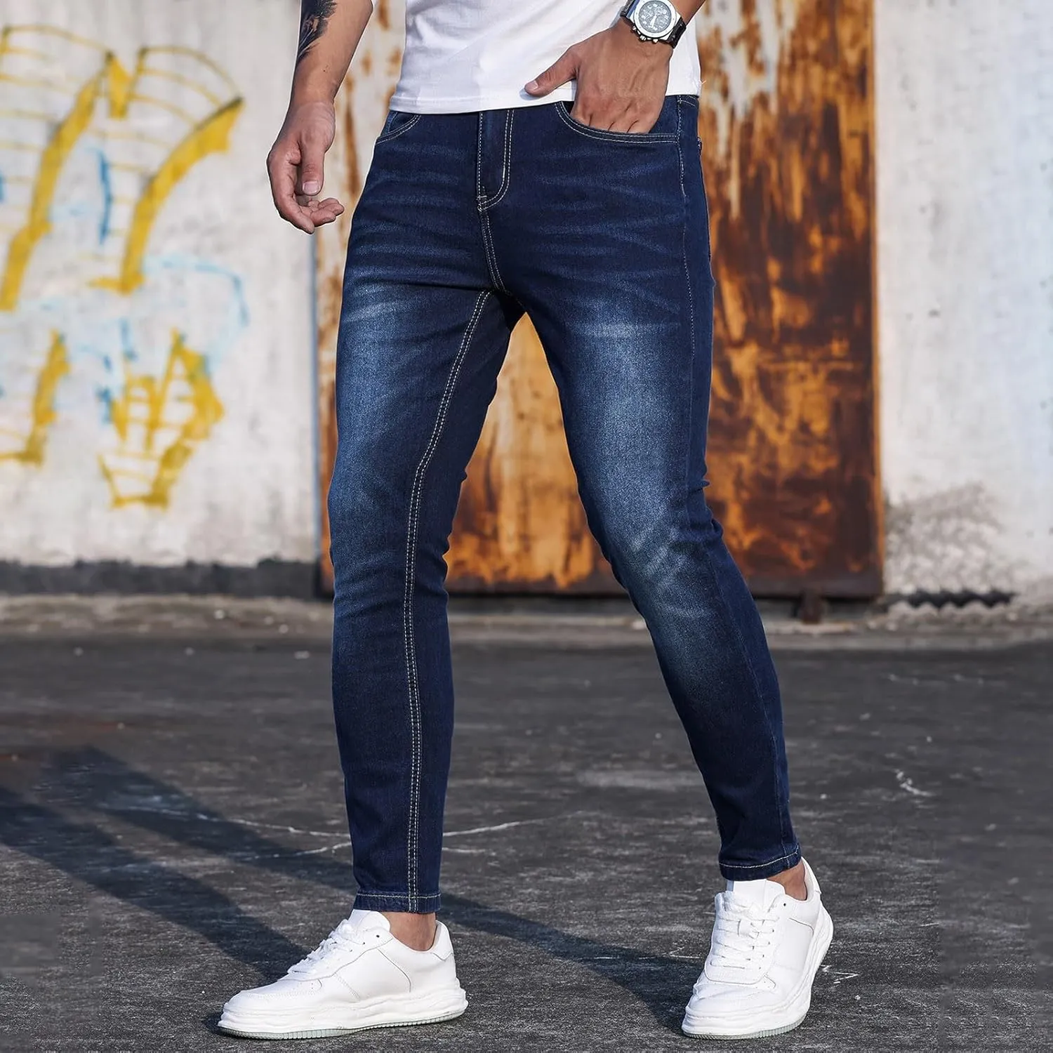 Jeans for Men Stretch Fit Classic Vintage Straight Skinny Leg Denim Pants Slim Jeans Trousers Mulit Pockets