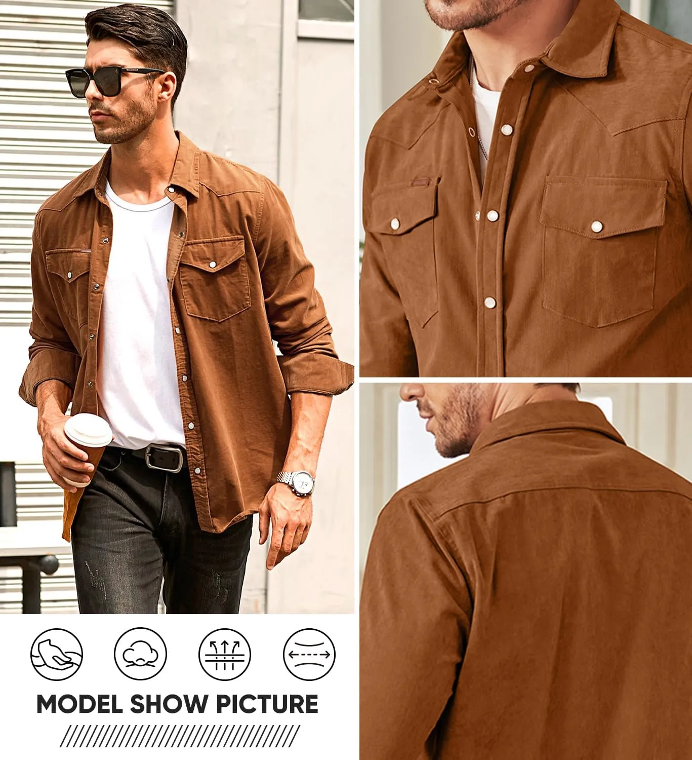 JMIERR Men's Corduroy Shirts Casual Western Long Sleeve Button Down Shacket Jackets with 2 Flap Pocket
