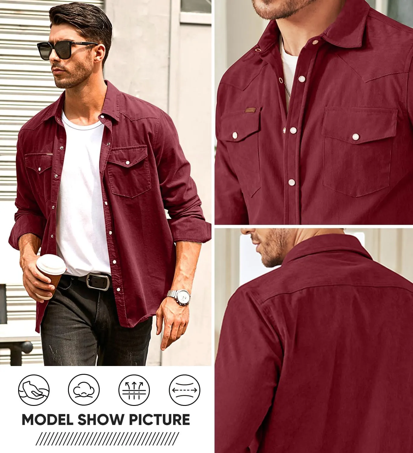 JMIERR Men's Corduroy Shirts Casual Western Long Sleeve Button Down Shacket Jackets with 2 Flap Pocket
