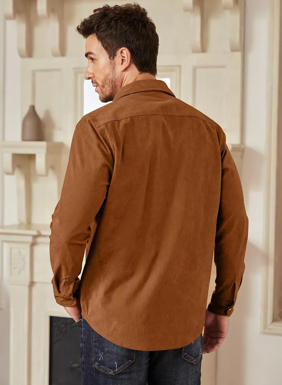 JMIERR Men's Corduroy Shirts Casual Western Long Sleeve Button Down Shacket Jackets with 2 Flap Pocket