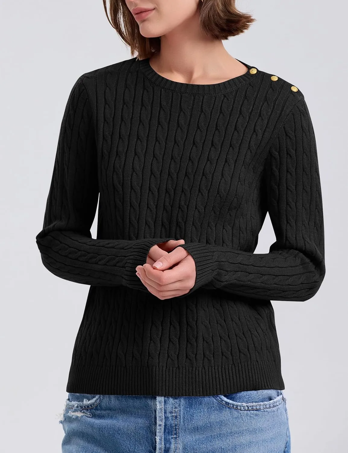 kayamiya Women Crew Neck Cable Knit Sweaters Long Sleeve Vintage Casual Pullover Tops