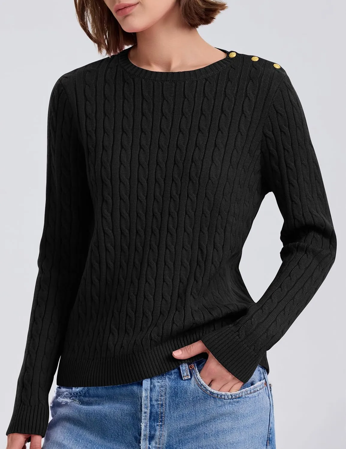 kayamiya Women Crew Neck Cable Knit Sweaters Long Sleeve Vintage Casual Pullover Tops