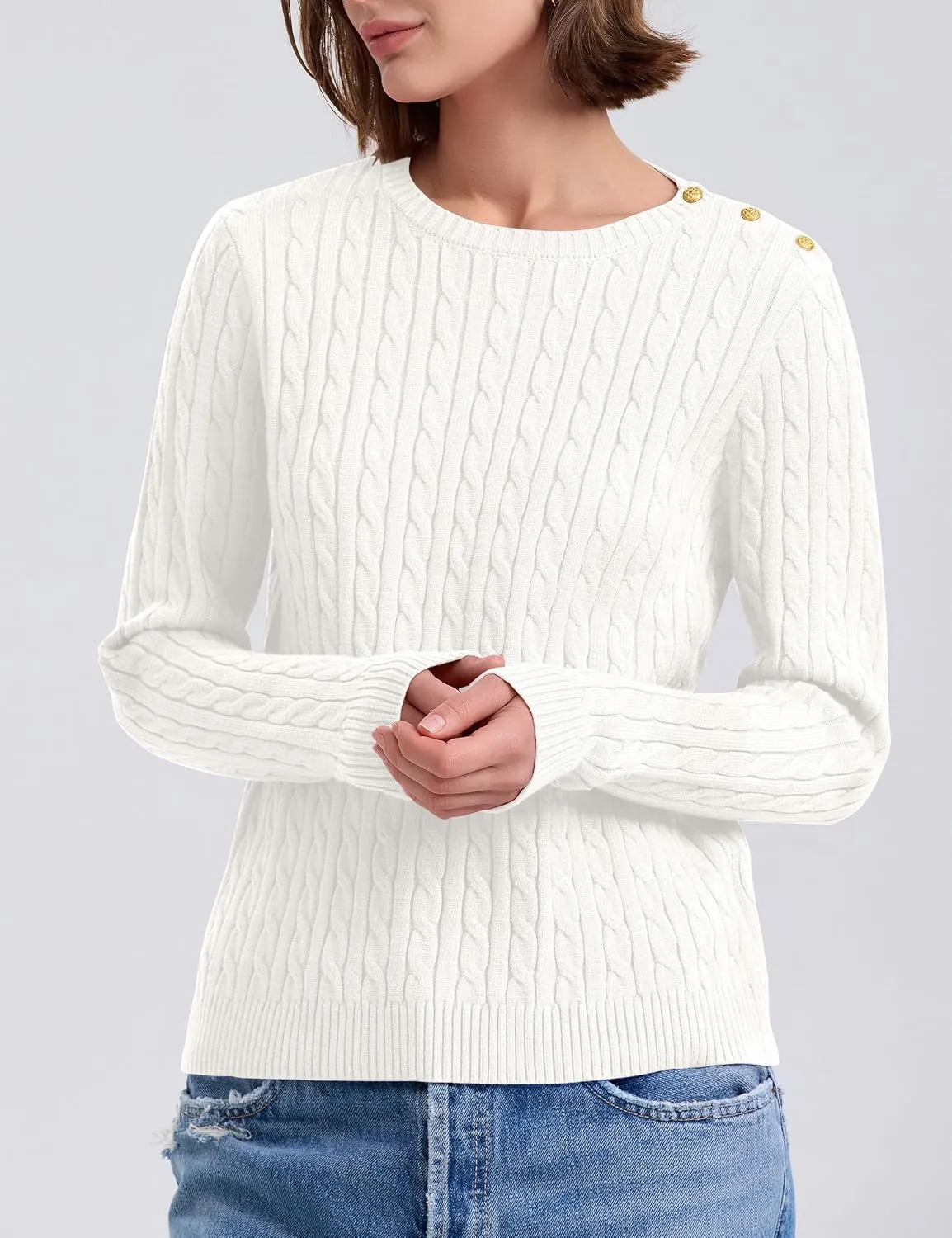 kayamiya Women Crew Neck Cable Knit Sweaters Long Sleeve Vintage Casual Pullover Tops