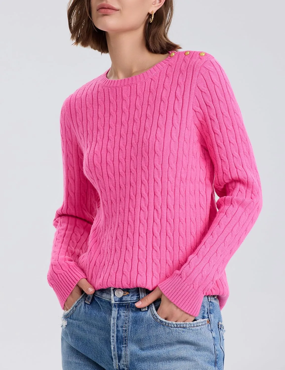 kayamiya Women Crew Neck Cable Knit Sweaters Long Sleeve Vintage Casual Pullover Tops