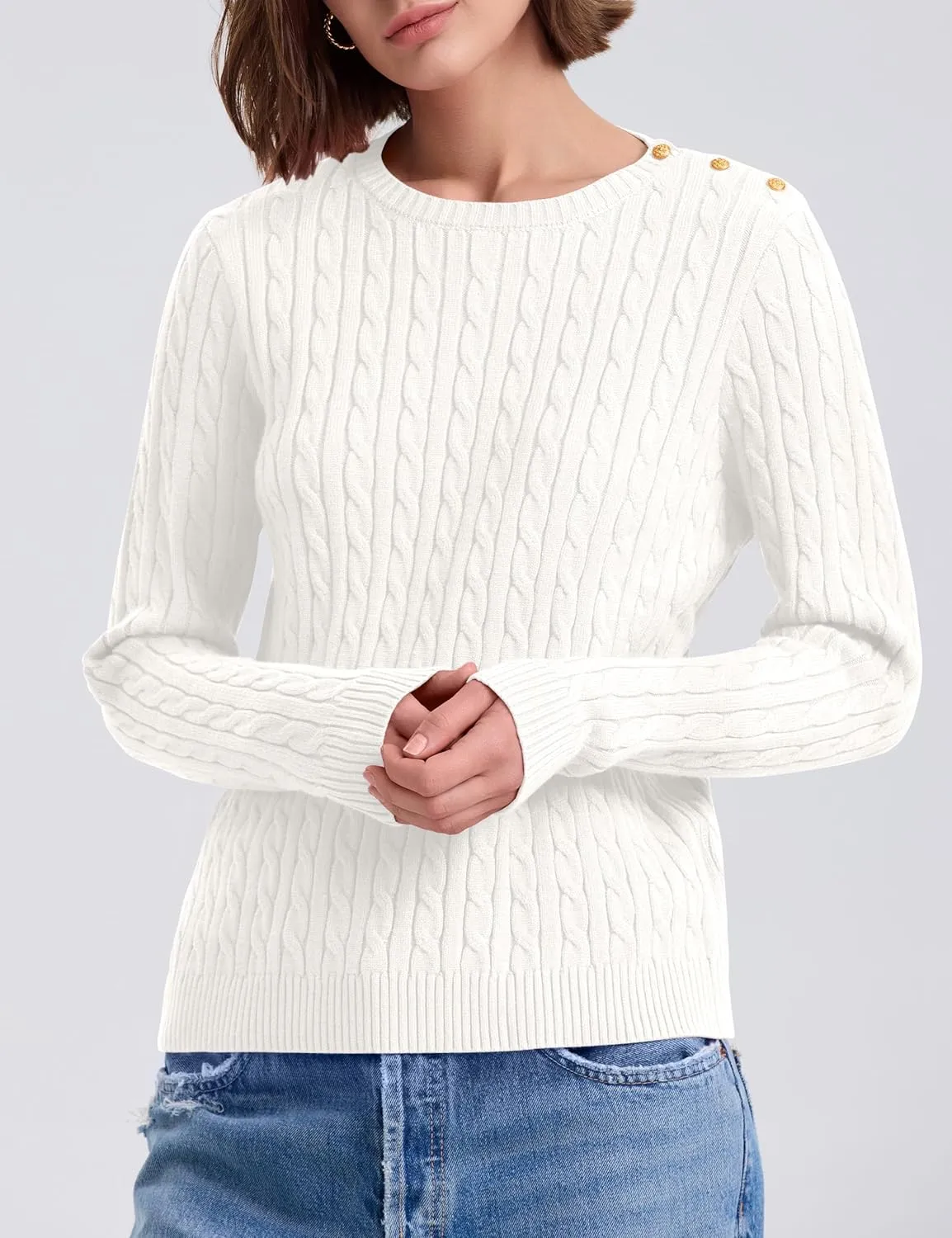 kayamiya Women Crew Neck Cable Knit Sweaters Long Sleeve Vintage Casual Pullover Tops