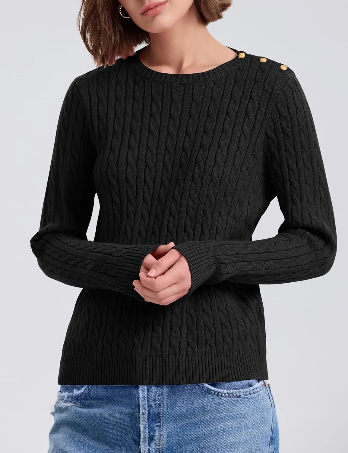 kayamiya Women Crew Neck Cable Knit Sweaters Long Sleeve Vintage Casual Pullover Tops