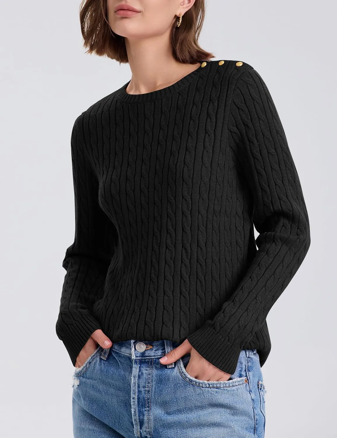 kayamiya Women Crew Neck Cable Knit Sweaters Long Sleeve Vintage Casual Pullover Tops