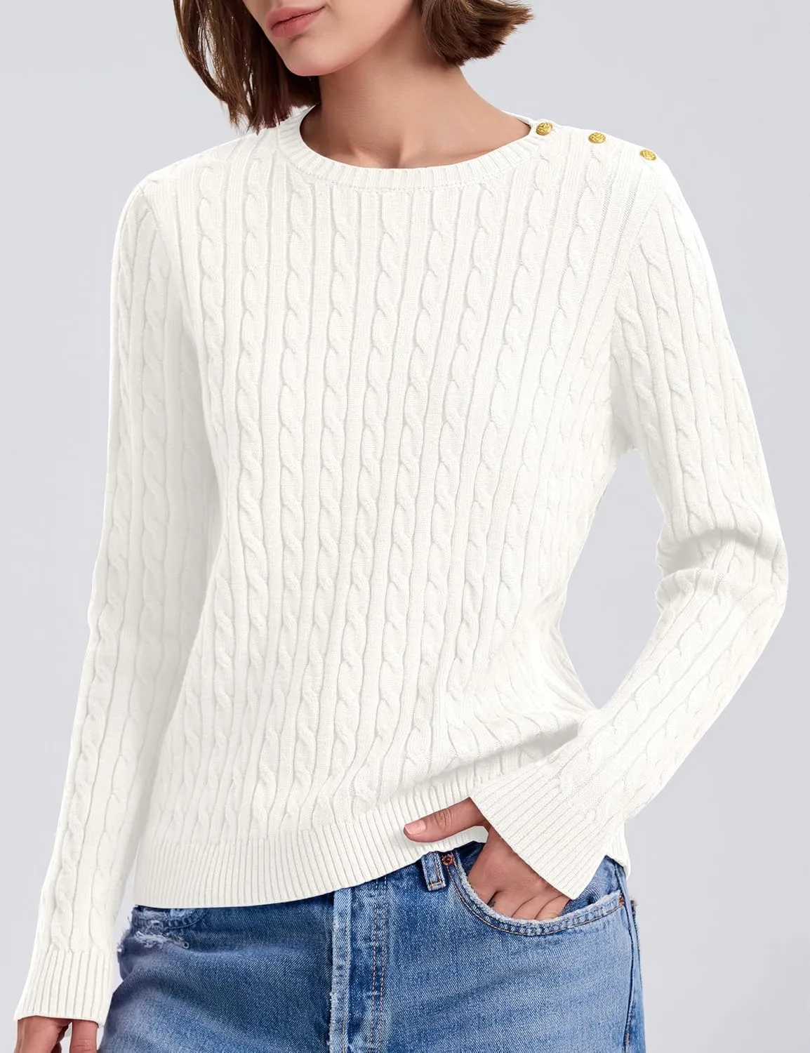 kayamiya Women Crew Neck Cable Knit Sweaters Long Sleeve Vintage Casual Pullover Tops