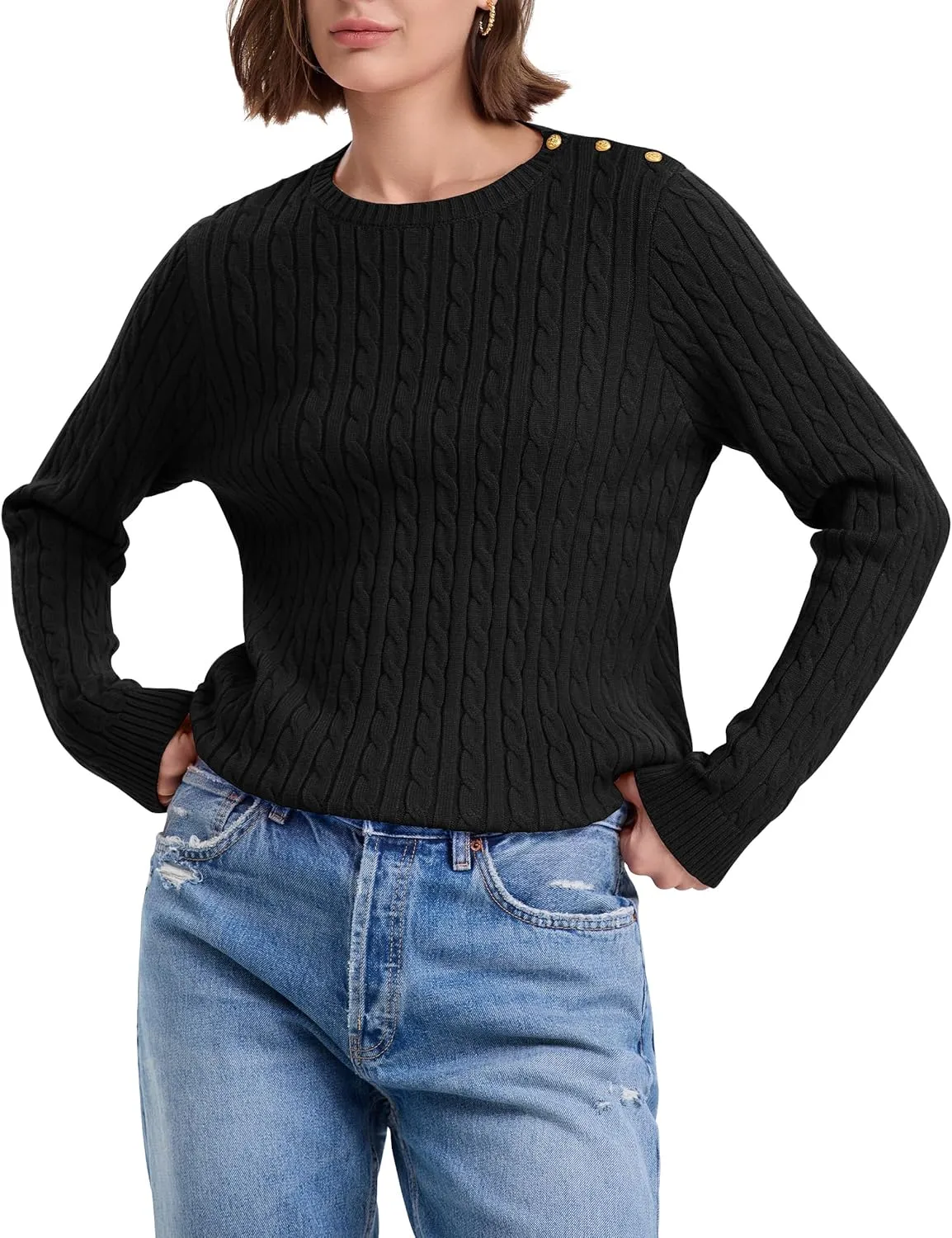 kayamiya Women Crew Neck Cable Knit Sweaters Long Sleeve Vintage Casual Pullover Tops