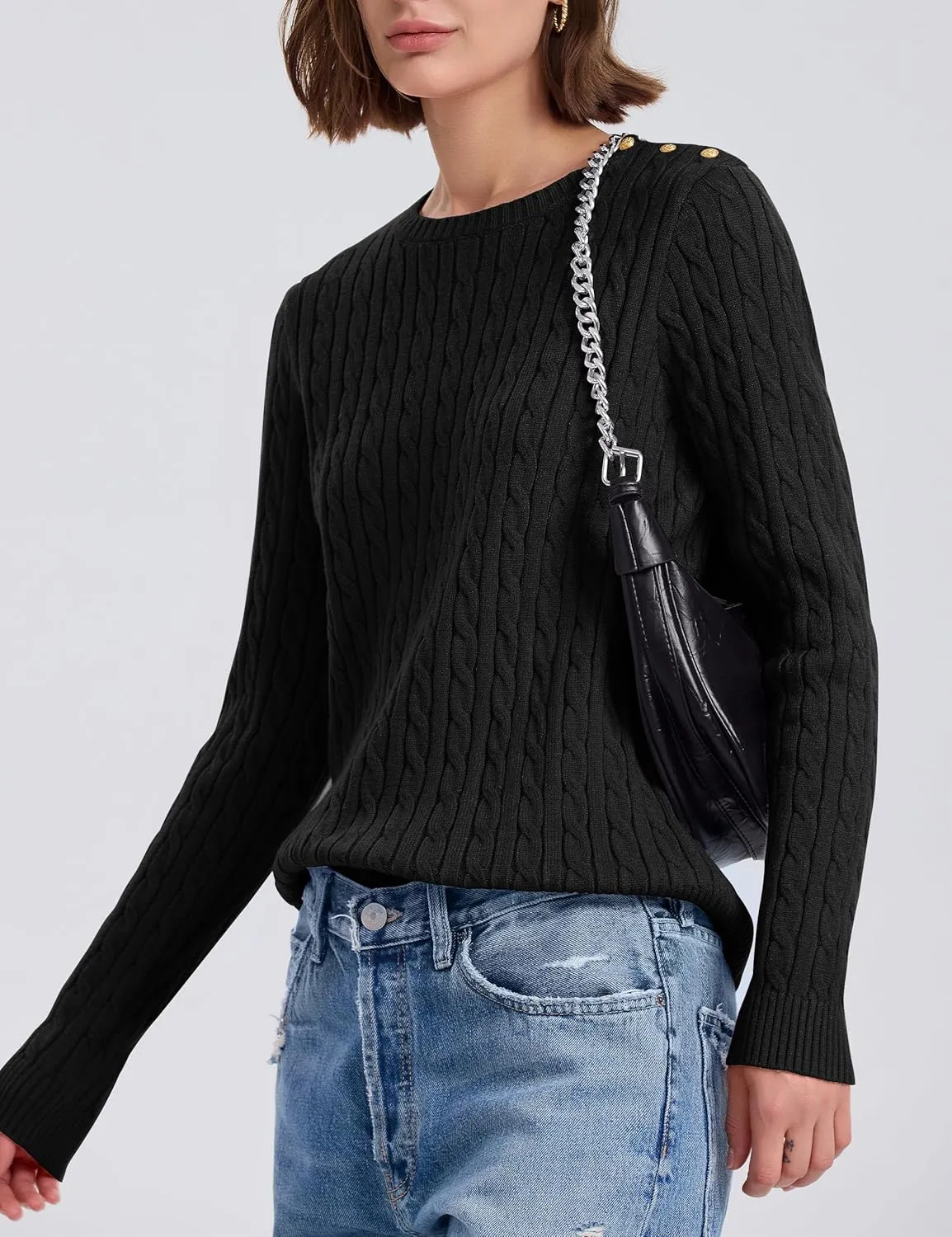 kayamiya Women Crew Neck Cable Knit Sweaters Long Sleeve Vintage Casual Pullover Tops