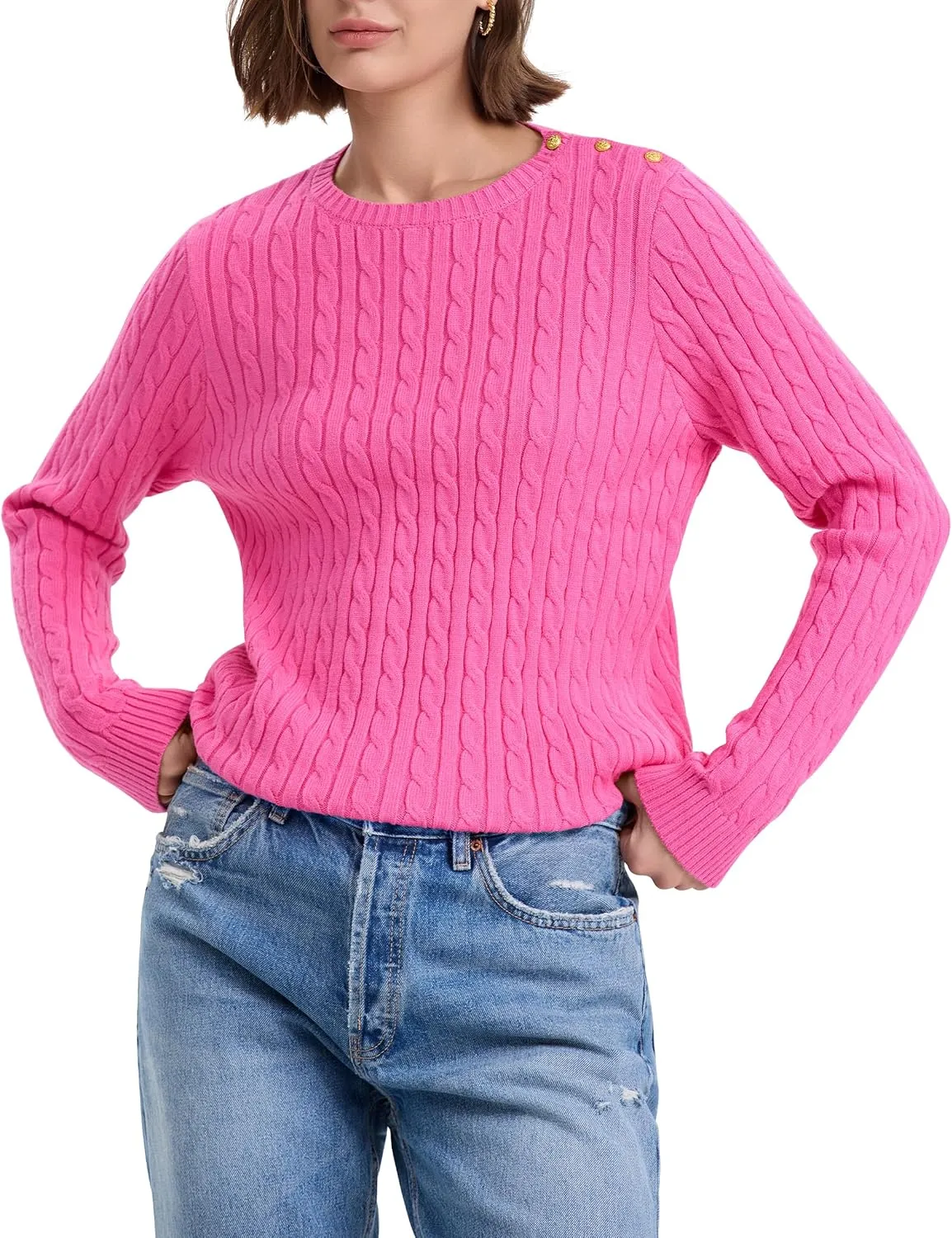 kayamiya Women Crew Neck Cable Knit Sweaters Long Sleeve Vintage Casual Pullover Tops