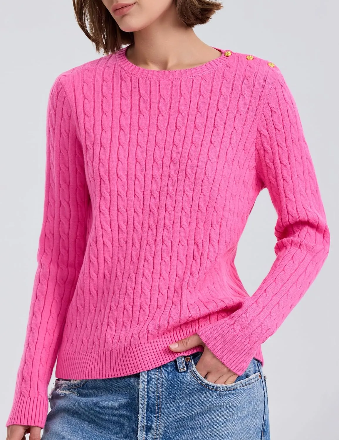 kayamiya Women Crew Neck Cable Knit Sweaters Long Sleeve Vintage Casual Pullover Tops