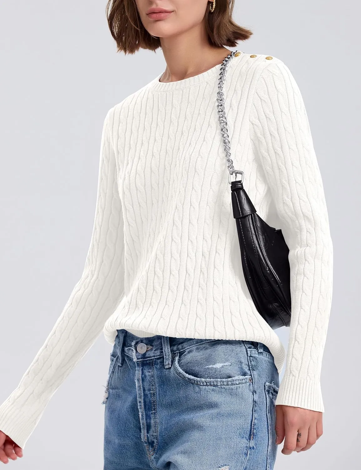 kayamiya Women Crew Neck Cable Knit Sweaters Long Sleeve Vintage Casual Pullover Tops
