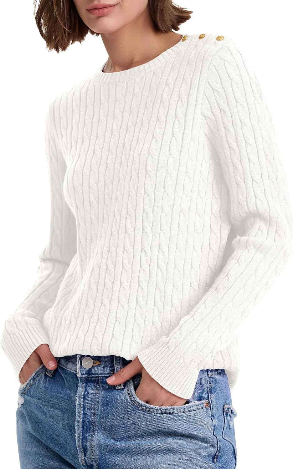 kayamiya Women Crew Neck Cable Knit Sweaters Long Sleeve Vintage Casual Pullover Tops
