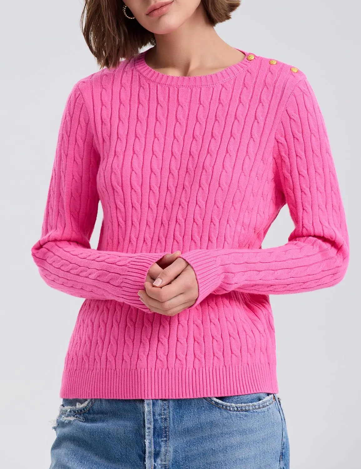 kayamiya Women Crew Neck Cable Knit Sweaters Long Sleeve Vintage Casual Pullover Tops