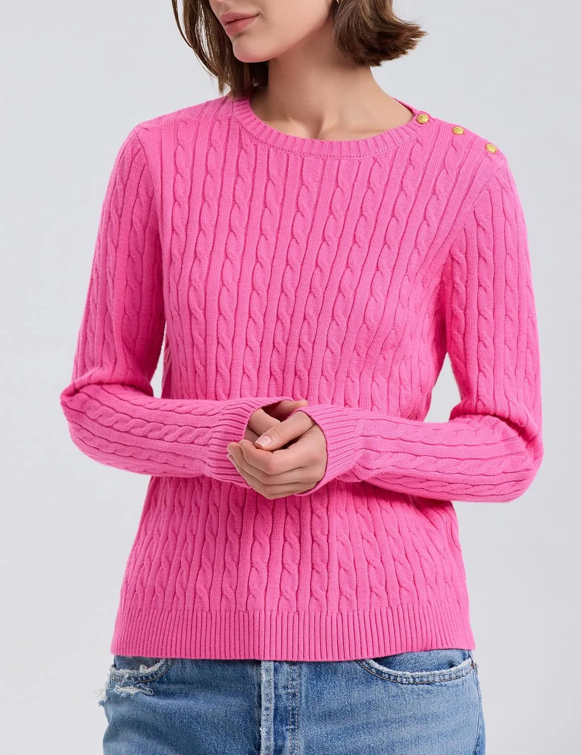 kayamiya Women Crew Neck Cable Knit Sweaters Long Sleeve Vintage Casual Pullover Tops