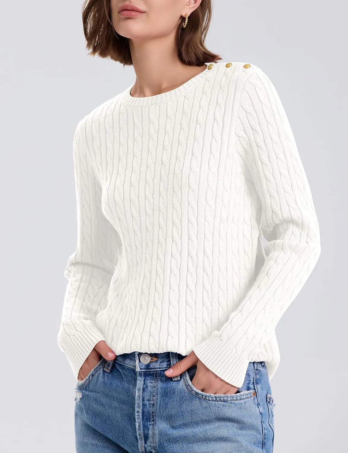 kayamiya Women Crew Neck Cable Knit Sweaters Long Sleeve Vintage Casual Pullover Tops