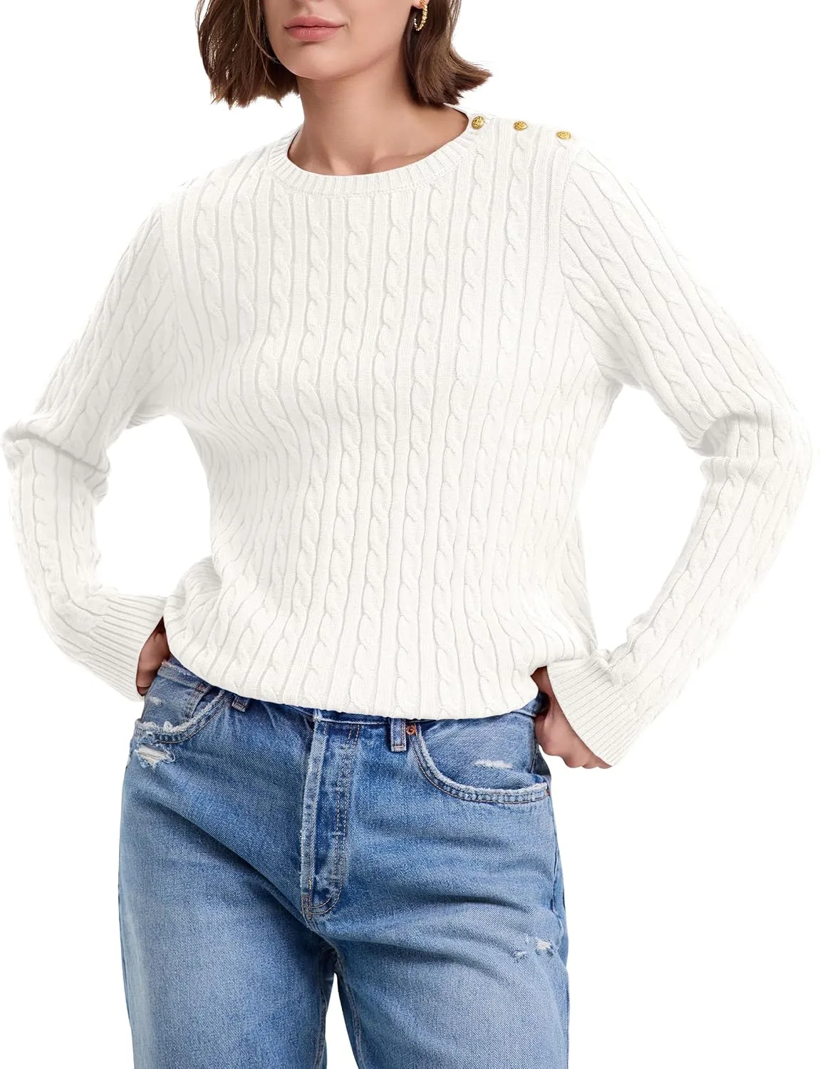kayamiya Women Crew Neck Cable Knit Sweaters Long Sleeve Vintage Casual Pullover Tops