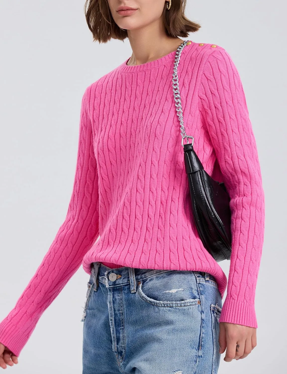 kayamiya Women Crew Neck Cable Knit Sweaters Long Sleeve Vintage Casual Pullover Tops