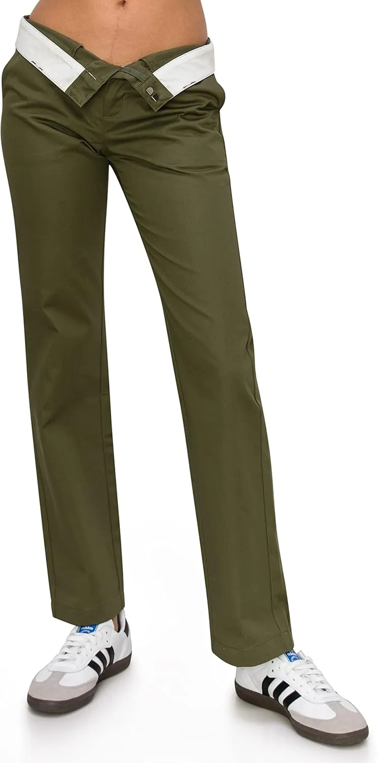 KHAKI & BLUE Women's Work Pants – High Rise Straight Leg Casual Trousers with Pockets