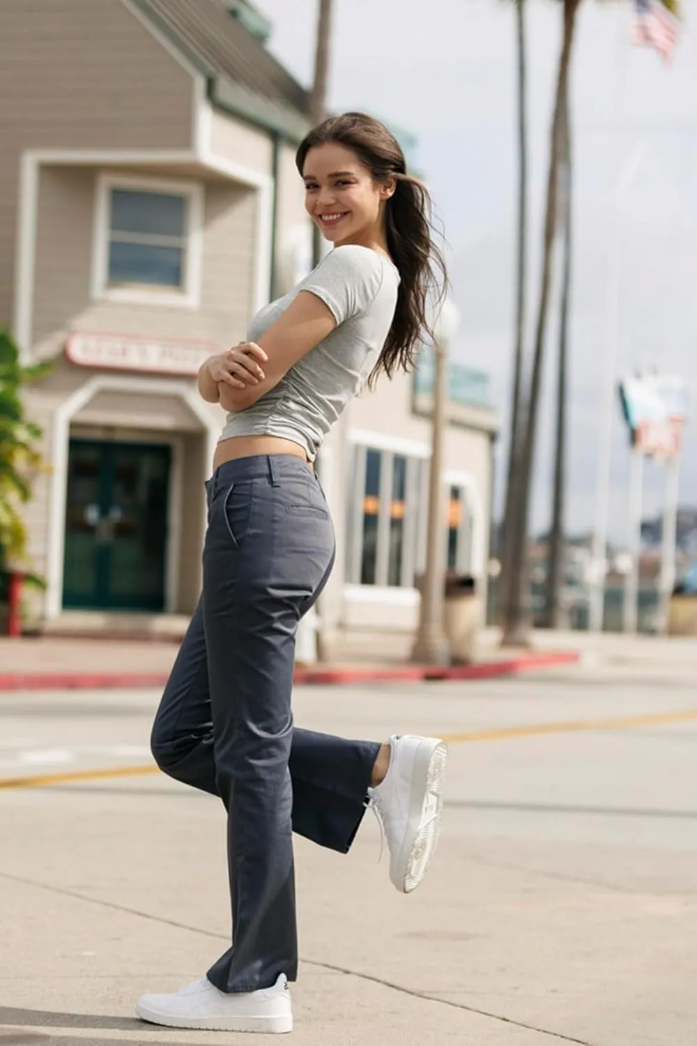 KHAKI & BLUE Women's Work Pants – Low Rise Flared Leg Bootcut Casual Trousers with Pockets