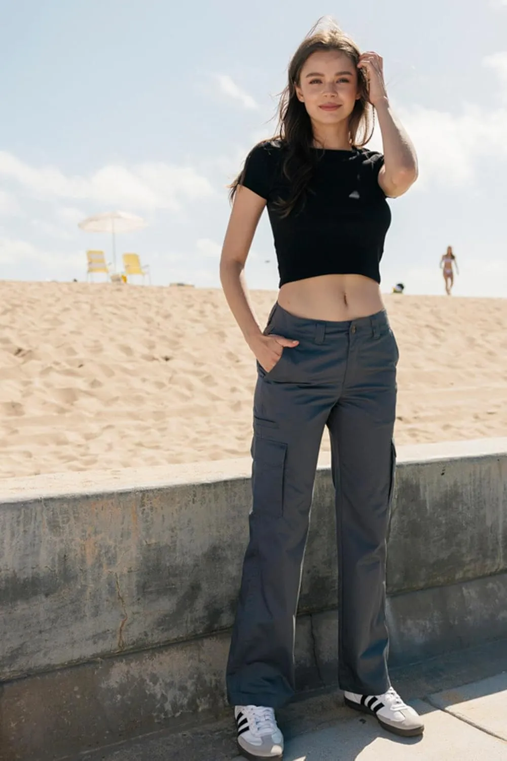 KHAKI & BLUE Women's Work Pants – Mid Rise Relaxed Fit Straight Leg Cargo Casual Trousers with Multi Pockets