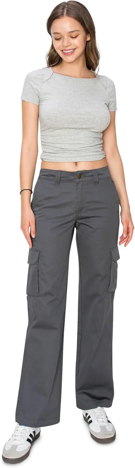 KHAKI & BLUE Women's Work Pants – Mid Rise Relaxed Fit Straight Leg Cargo Casual Trousers with Multi Pockets