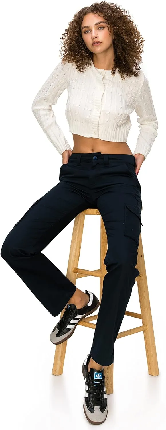 KHAKI & BLUE Women's Work Pants – Mid Rise Relaxed Fit Straight Leg Cargo Casual Trousers with Multi Pockets