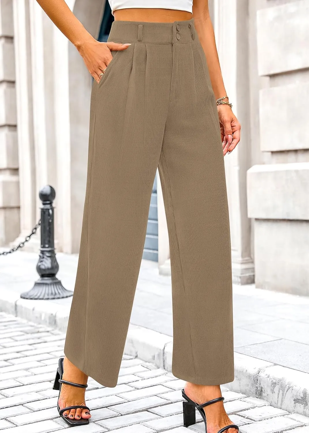 KIRUNDO Corduroy Pants Women High Waisted Wide Leg Pants Business Casual Fall Winter Straight Loose Trousers with Pockets