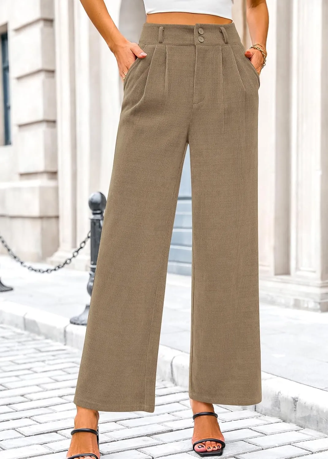 KIRUNDO Corduroy Pants Women High Waisted Wide Leg Pants Business Casual Fall Winter Straight Loose Trousers with Pockets