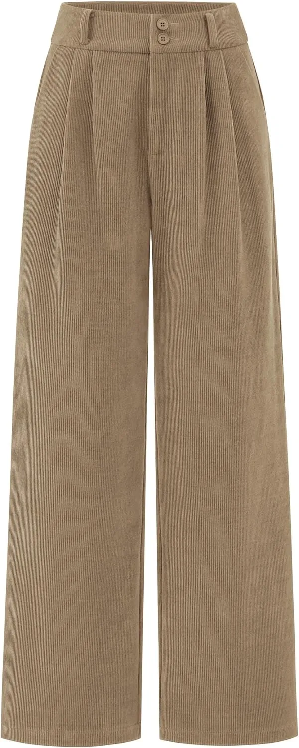 KIRUNDO Corduroy Pants Women High Waisted Wide Leg Pants Business Casual Fall Winter Straight Loose Trousers with Pockets