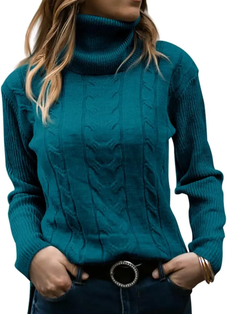 Langwyqu Womens' Turtleneck Long Sleeve Cable Knit Sweaters