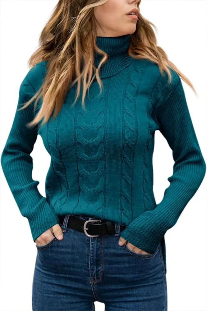 Langwyqu Womens' Turtleneck Long Sleeve Cable Knit Sweaters