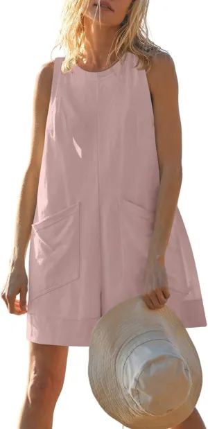 Linen Romper for Women Summer Casual Tee Shirt Romper Crewneck Wide Leg Loose Shorts Jumpsuit with Pockets