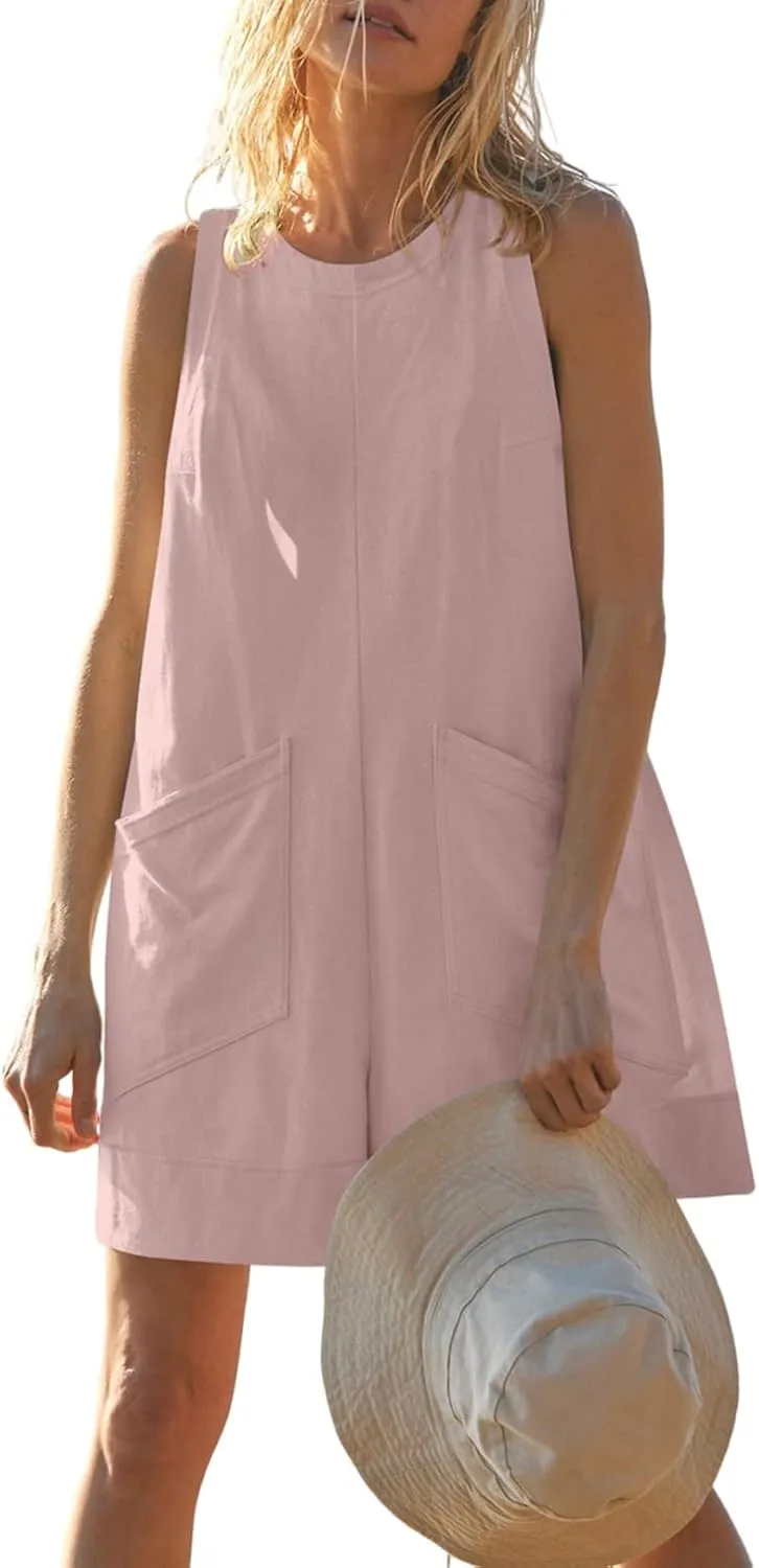 Linen Romper for Women Summer Casual Tee Shirt Romper Crewneck Wide Leg Loose Shorts Jumpsuit with Pockets