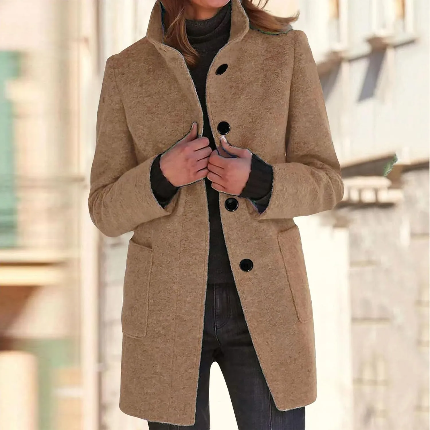 Long Pea Coats for Women Stand Collar Single Breasted Wool Coats Wool Blend Peacoat Winter Casual Overcoat Jacket