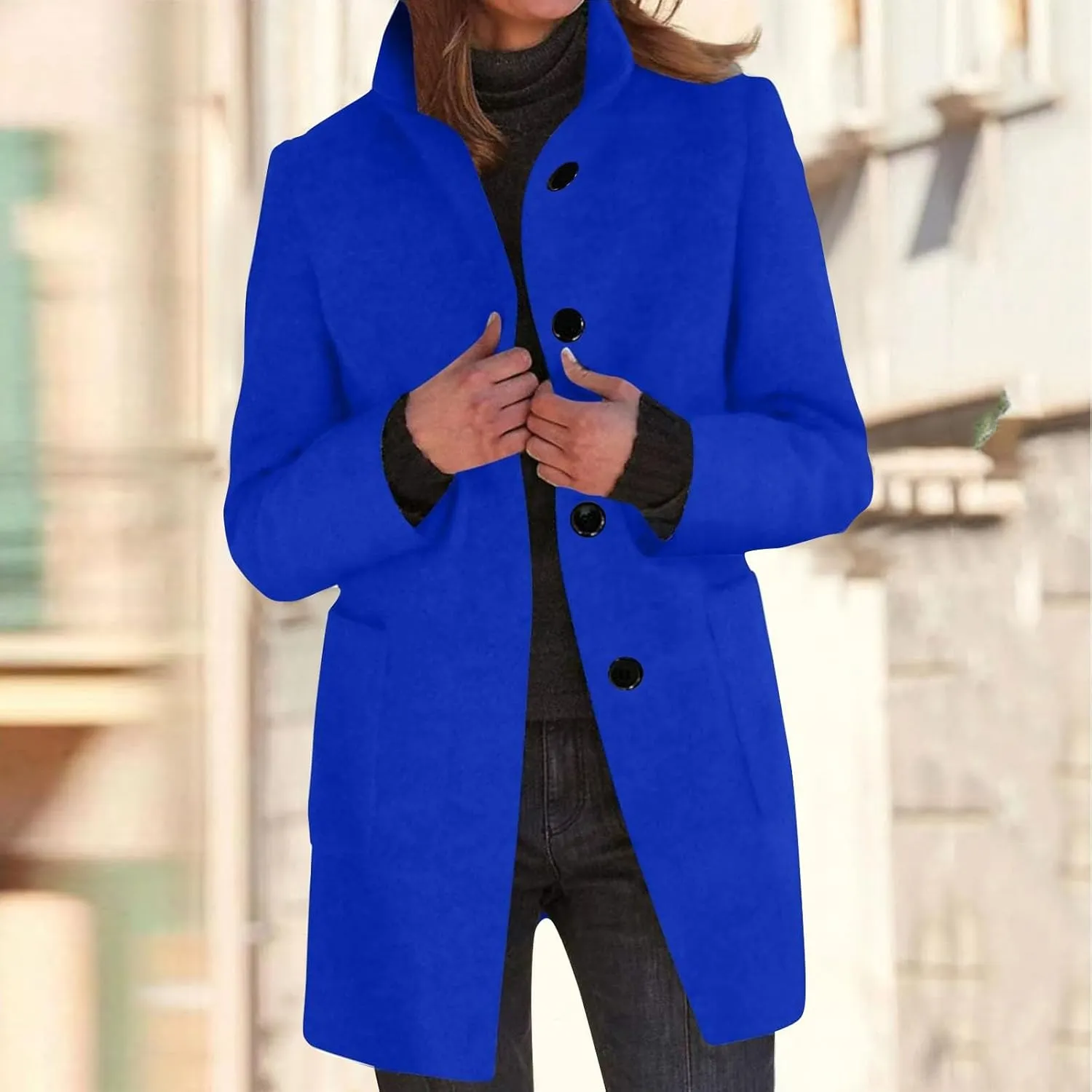 Long Pea Coats for Women Stand Collar Single Breasted Wool Coats Wool Blend Peacoat Winter Casual Overcoat Jacket