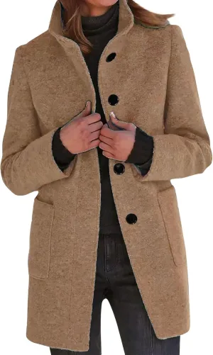 Long Pea Coats for Women Stand Collar Single Breasted Wool Coats Wool Blend Peacoat Winter Casual Overcoat Jacket