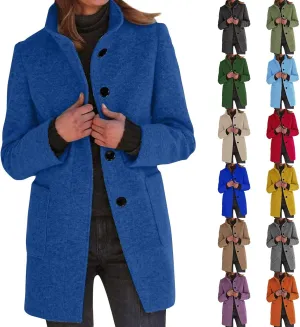 Long Pea Coats for Women Stand Collar Single Breasted Wool Coats Wool Blend Peacoat Winter Casual Overcoat Jacket