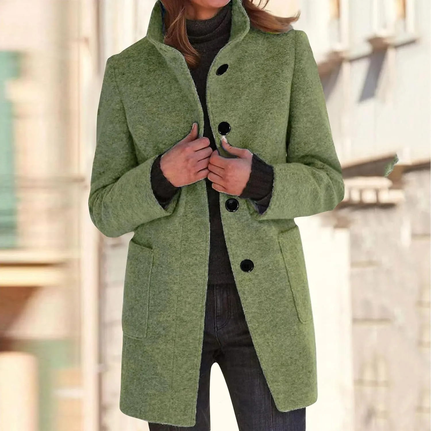 Long Pea Coats for Women Stand Collar Single Breasted Wool Coats Wool Blend Peacoat Winter Casual Overcoat Jacket